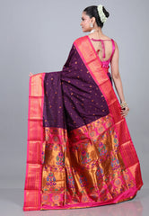 Dark Purple Paithani Silk Saree With Blouse Piece - Adi Akshoy & Co.