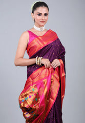 Dark Purple Paithani Silk Saree With Blouse Piece - Adi Akshoy & Co.