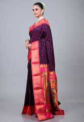 Dark Purple Paithani Silk Saree With Blouse Piece - Adi Akshoy & Co.