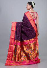 Dark Purple Paithani Silk Saree With Blouse Piece - Adi Akshoy & Co.