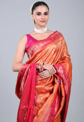 Orange Brocade Katan Silk Saree with Blouse Piece - Adi Akshoy & Co.