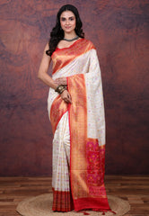 White Tussar Multi Prints Silk Saree with Blouse Piece - Adi Akshoy & Co.
