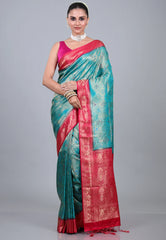 Sky Blue Brocade Katan Silk Saree with Blouse Piece - Adi Akshoy & Co.