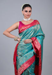 Sky Blue Brocade Katan Silk Saree with Blouse Piece - Adi Akshoy & Co.