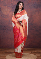 White Tussar Multi Prints Silk Saree with Blouse Piece - Adi Akshoy & Co.
