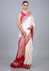 White Mashru Silk Saree with Blouse Piece  - Adi Akshoy & Co.