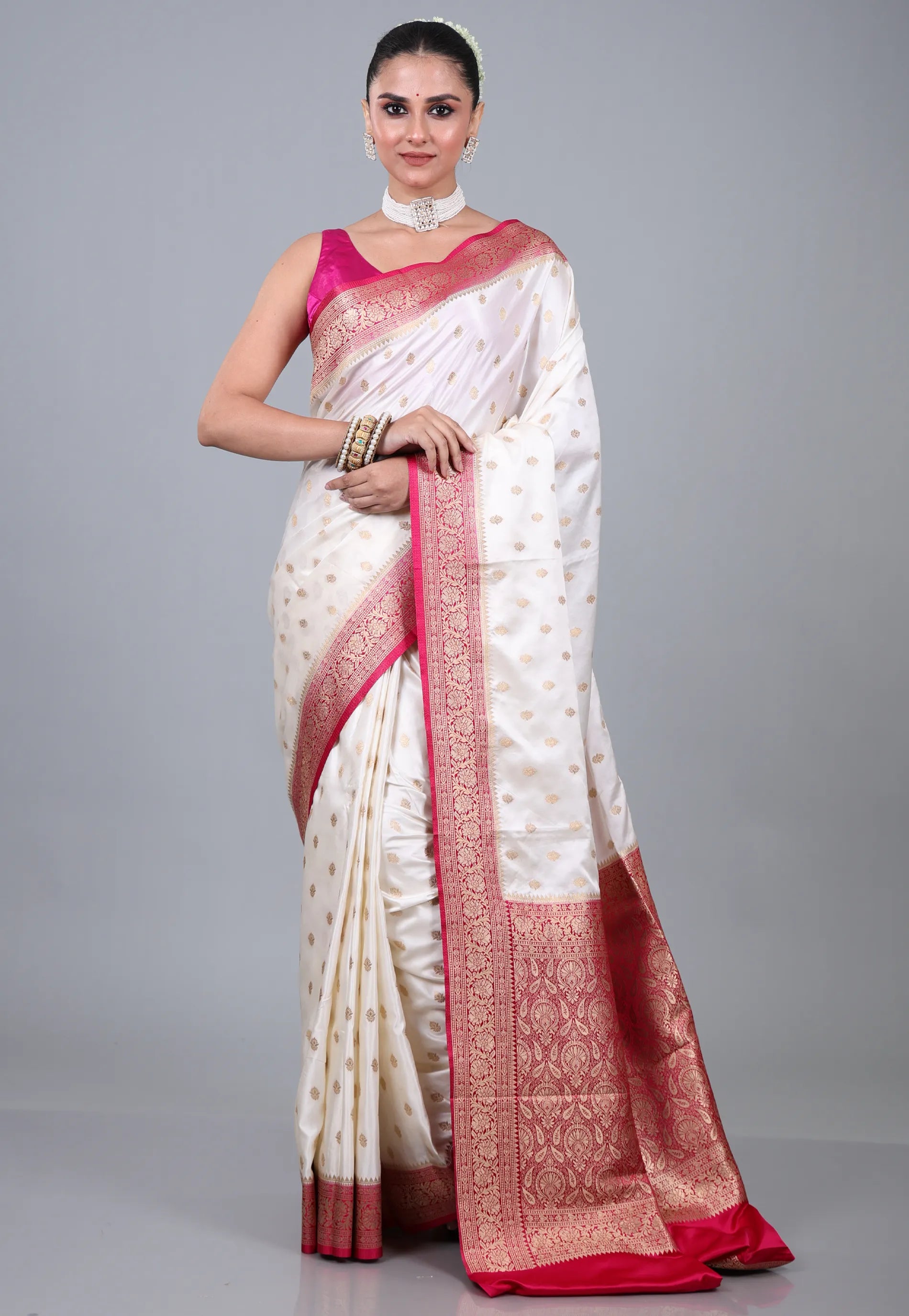 White Mashru Silk Saree with Blouse Piece  - Adi Akshoy & Co.
