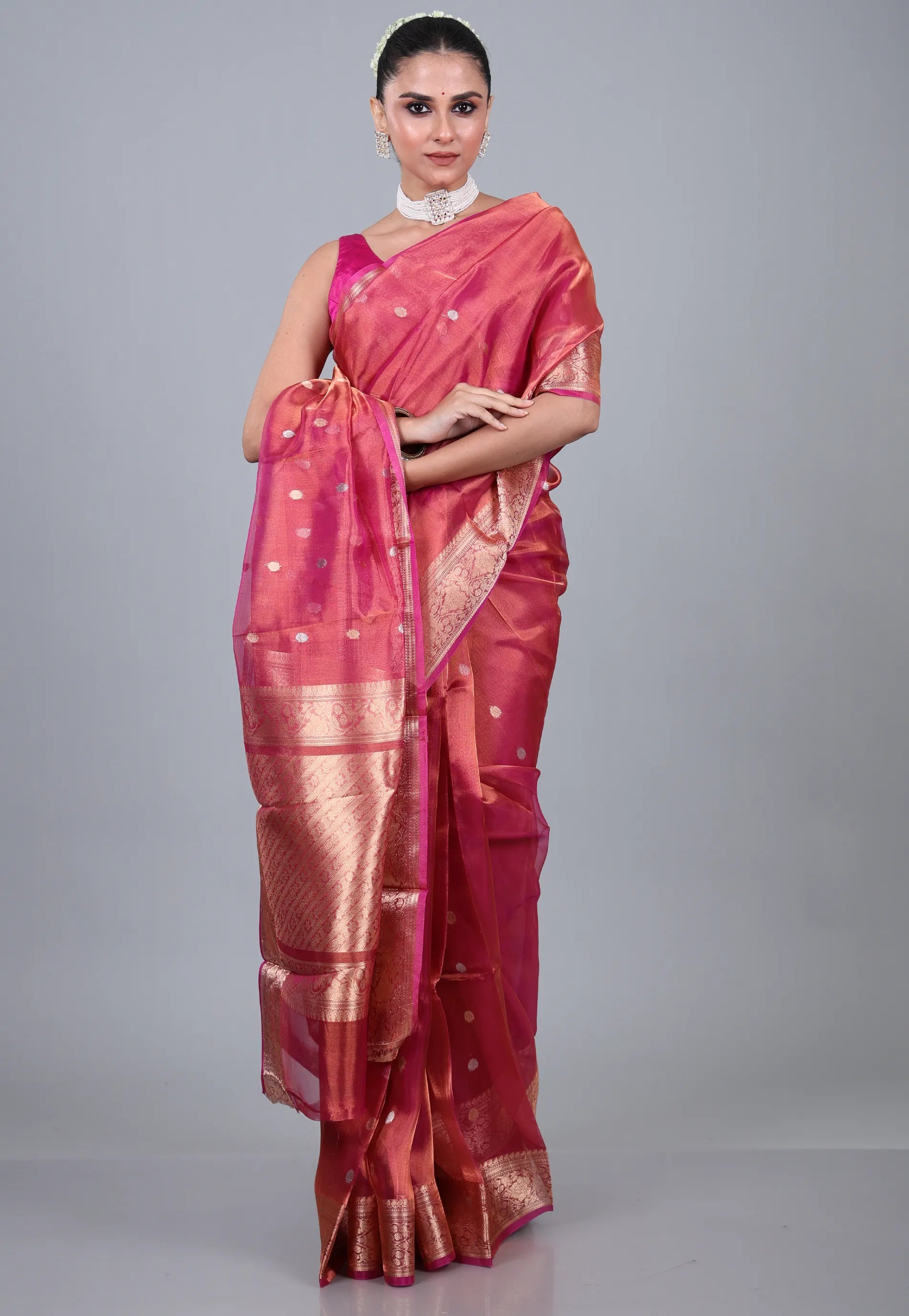 Cross Pink Pure Tissue Katan Silk Saree with Blouse Piece - Adi Akshoy & Co.