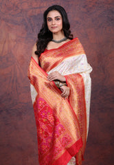 White Tussar Multi Prints Silk Saree with Blouse Piece - Adi Akshoy & Co.