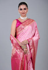 Pink Pastel Banarasi Saree With Blouse Piece - Adi Akshoy & Co.
