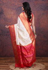 White Tussar Multi Prints Silk Saree with Blouse Piece - Adi Akshoy & Co.