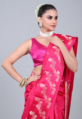 Rani Pink Pure Katan Silk Saree with Blouse Piece - Adi Akshoy & Co.