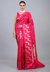 Rani Pink Pure Katan Silk Saree with Blouse Piece - Adi Akshoy & Co.