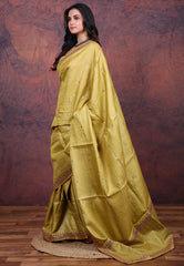 Pista Green Pure Tussar Kantha Silk Saree With Blouse Piece - Adi Akshoy & Co.