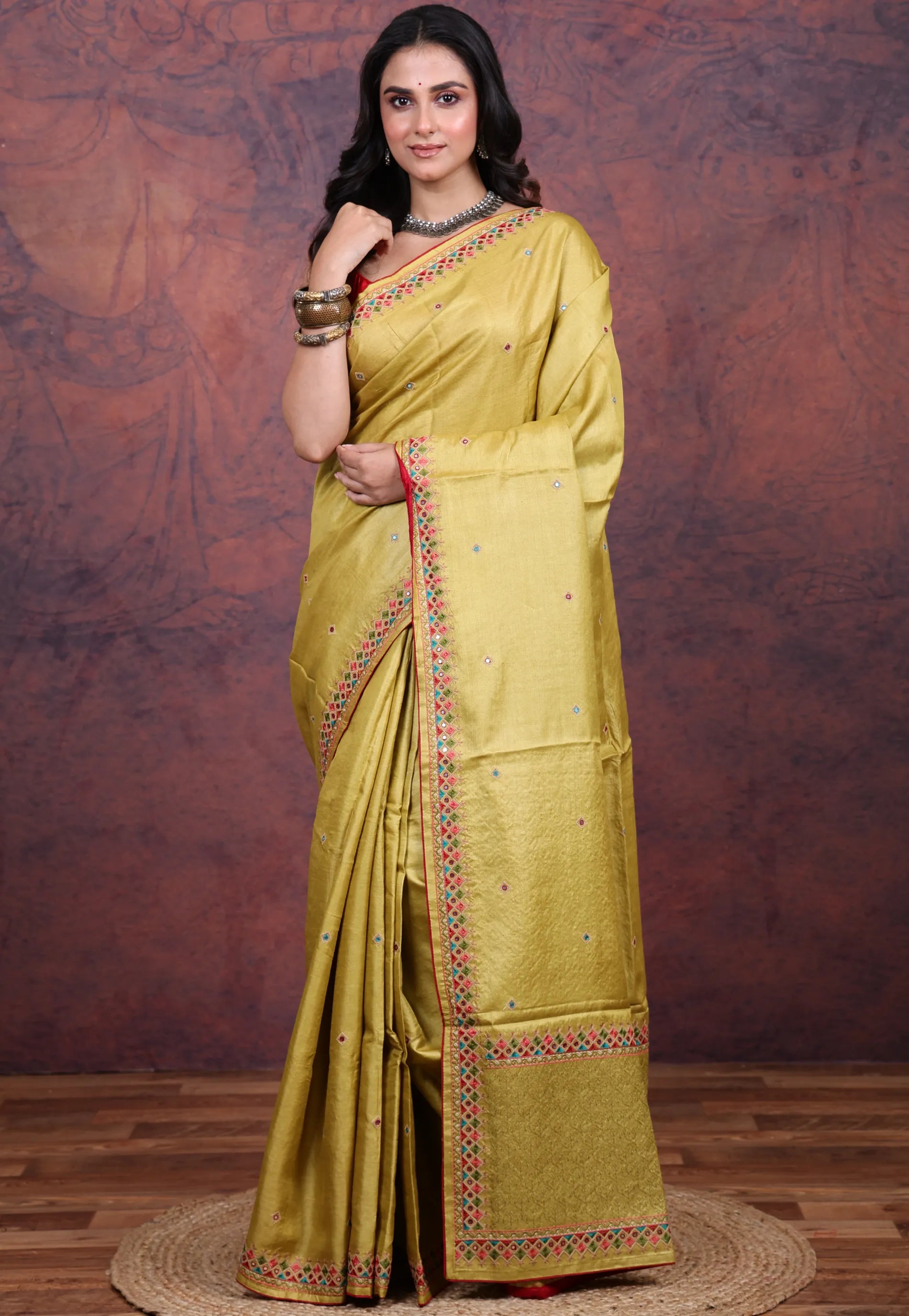 Pista Green Pure Tussar Kantha Silk Saree With Blouse Piece - Adi Akshoy & Co.