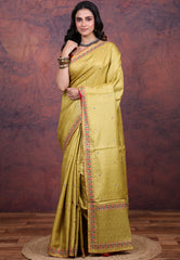 Pista Green Pure Tussar Kantha Silk Saree With Blouse Piece - Adi Akshoy & Co.