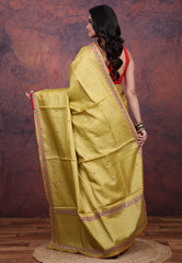 Pista Green Pure Tussar Kantha Silk Saree With Blouse Piece - Adi Akshoy & Co.