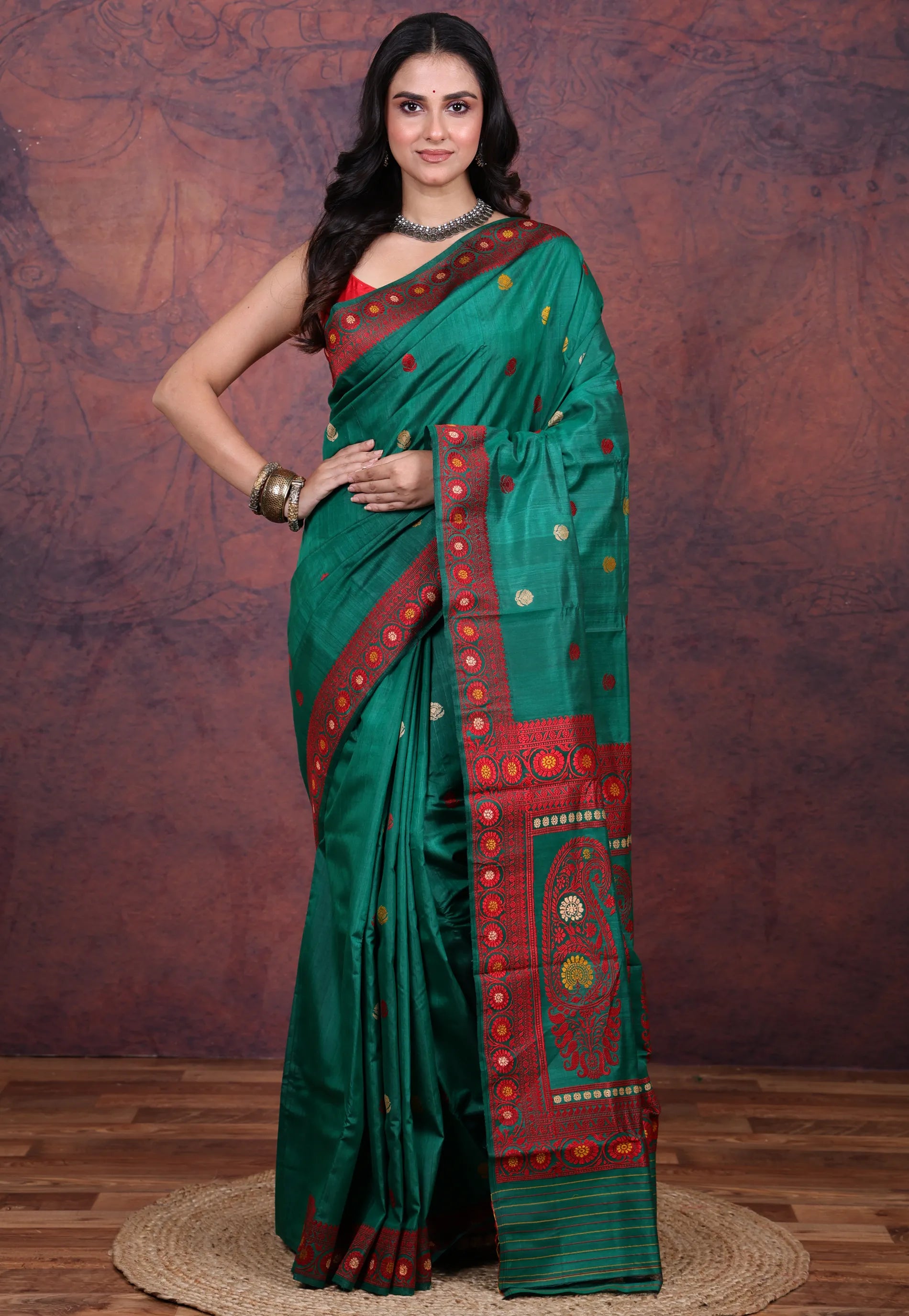 Rama Green Baluchuri Pure Tussar Silk Saree with Blouse Piece - Adi Akshoy & Co.