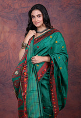 Rama Green Baluchuri Pure Tussar Silk Saree with Blouse Piece - Adi Akshoy & Co.