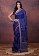Navy Blue Pure Tussar Kantha Silk Saree With Blouse Piece - Adi Akshoy & Co.