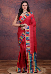 Red Pure Tussar Kantha Silk Saree With Blouse Piece - Adi Akshoy & Co.