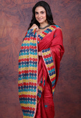 Red Pure Tussar Kantha Silk Saree With Blouse Piece - Adi Akshoy & Co.