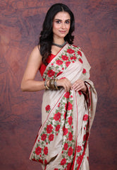 Off White Pure Tussar Kantha Silk Saree With Blouse Piece - Adi Akshoy & Co.