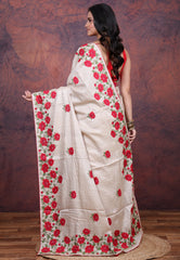 Off White Pure Tussar Kantha Silk Saree With Blouse Piece - Adi Akshoy & Co.