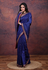 Navy Blue Pure Tussar Kantha Silk Saree With Blouse Piece - Adi Akshoy & Co.