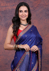 Navy Blue Pure Tussar Kantha Silk Saree With Blouse Piece - Adi Akshoy & Co.