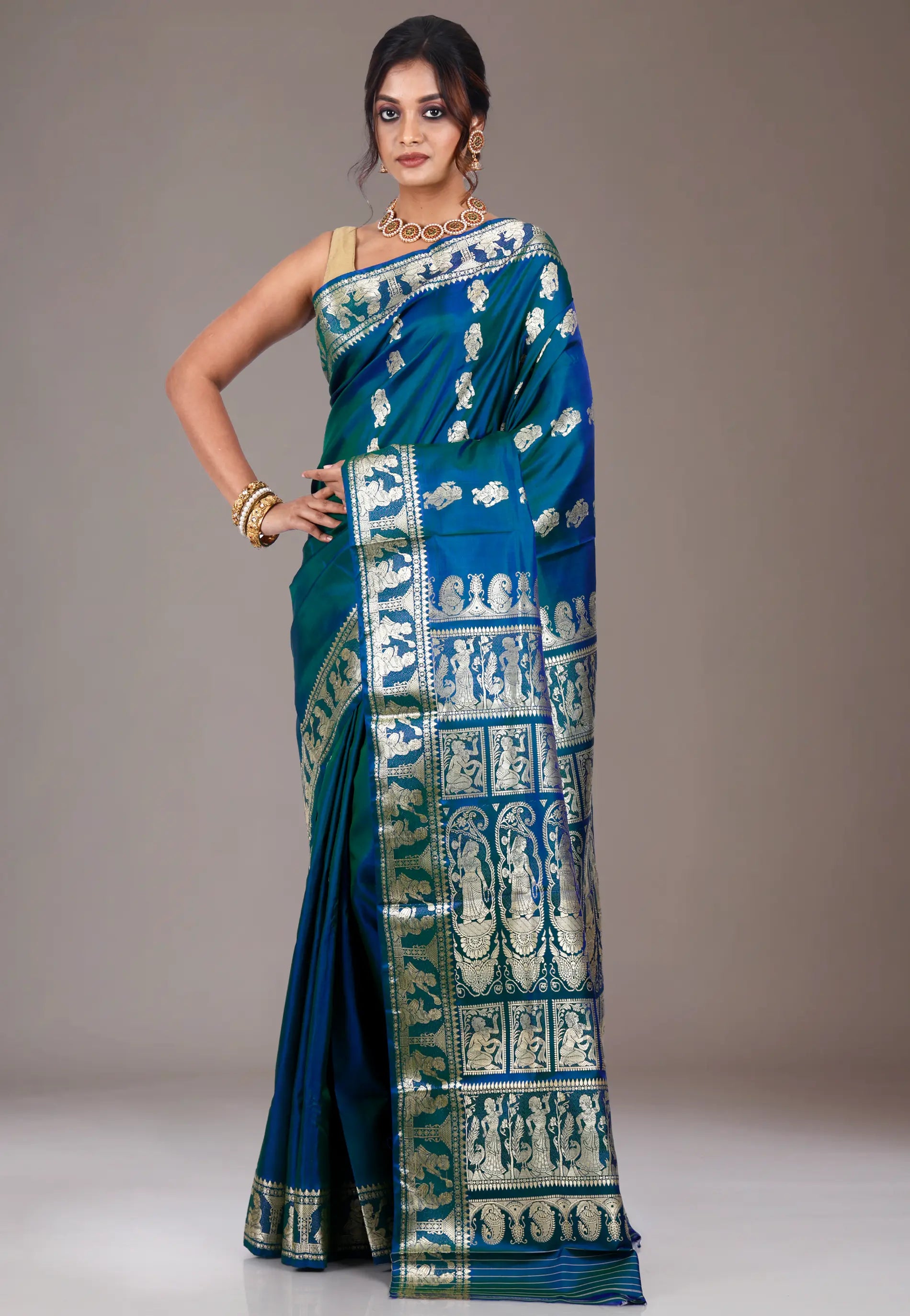 Peacock Blue Baluchari Pure Silk Saree with Blouse Piece