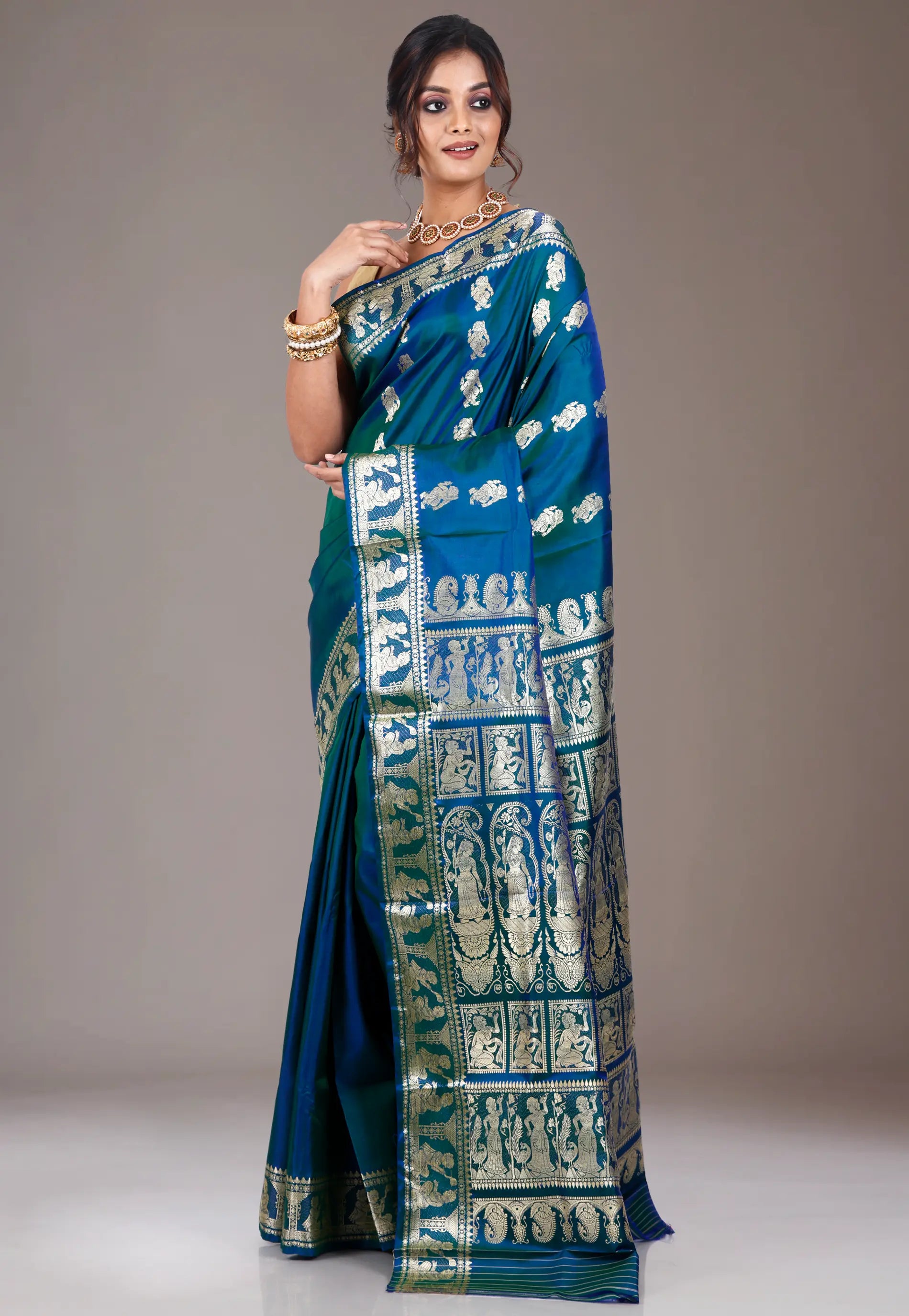 Peacock Blue Baluchari Pure Silk Saree with Blouse Piece