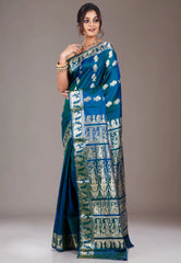 Peacock Blue Baluchari Pure Silk Saree with Blouse Piece
