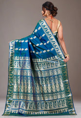 Peacock Blue Baluchari Pure Silk Saree with Blouse Piece