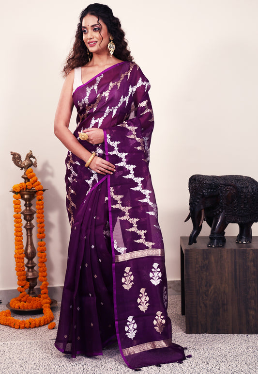 Purple Kora Silk Saree With Blouse Piece