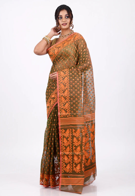 Orange Dhakai Jamdani Cotton Saree without Blouse Piece