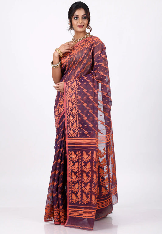 Blue Dhakai Jamdani Cotton Saree without Blouse Piece