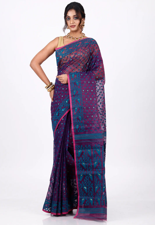 Blue Dhakai Jamdani Cotton Saree without Blouse Piece