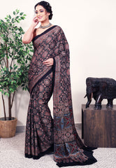 Black Ajrakh print in Modal Silk Saree With Blouse Piece