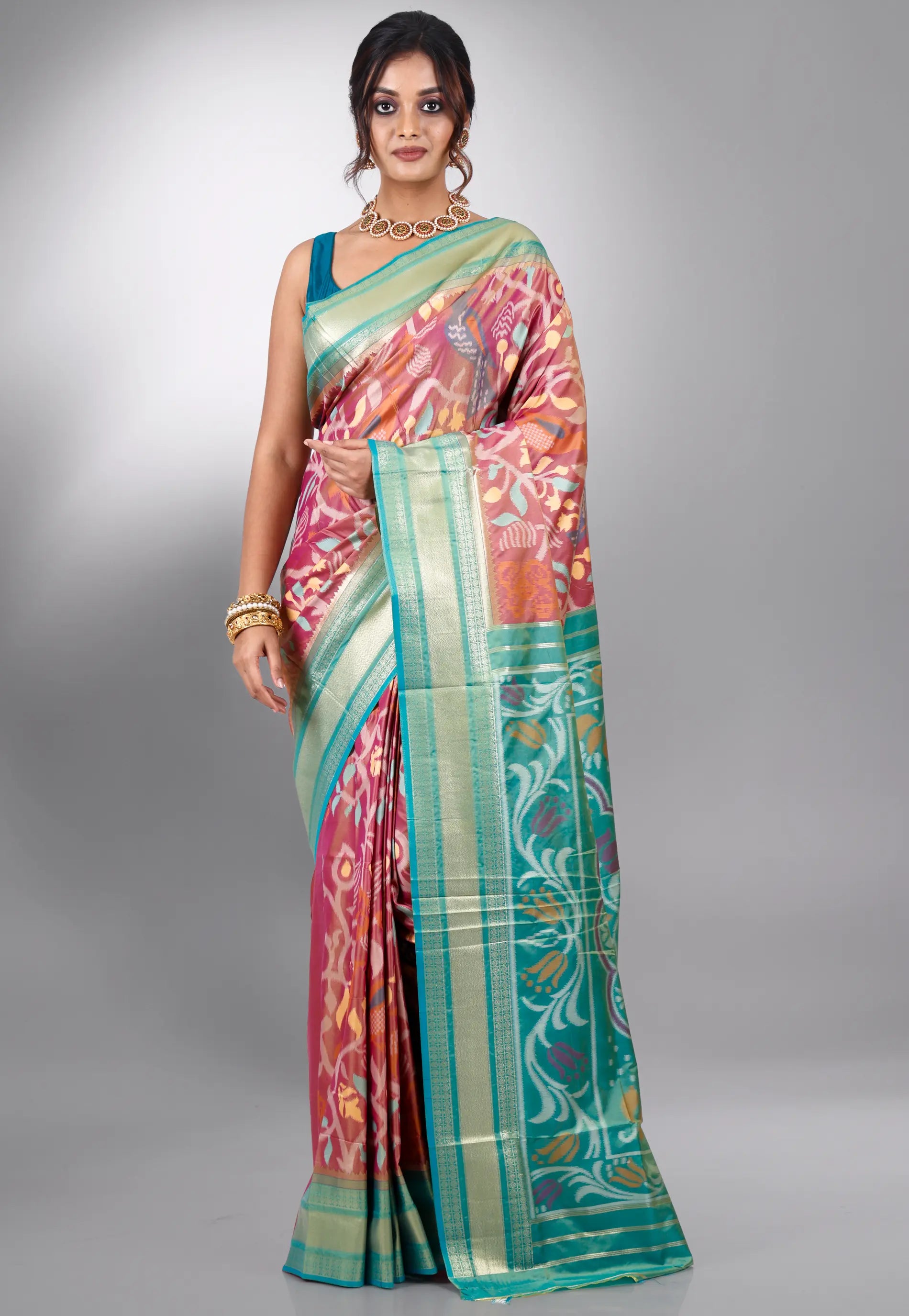 Rust with Green Border Ikkat Saree With Blouse Piece