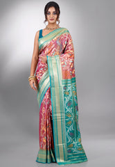 Rust with Green Border Ikkat Saree With Blouse Piece