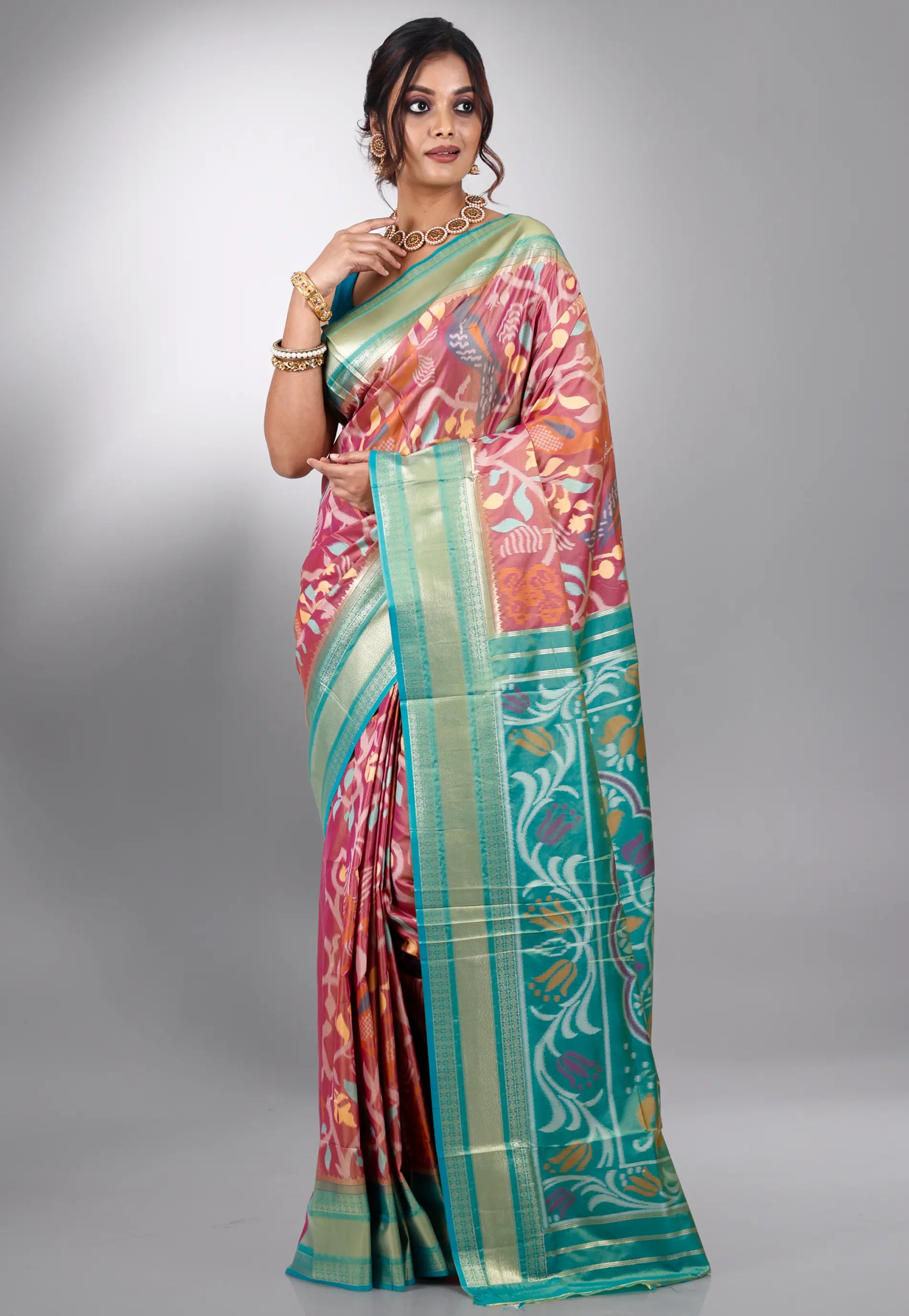 Rust with Green Border Ikkat Saree With Blouse Piece