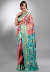 Rust with Green Border Ikkat Saree With Blouse Piece