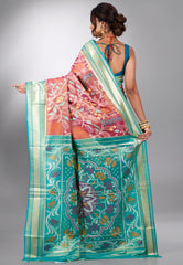 Rust with Green Border Ikkat Saree With Blouse Piece