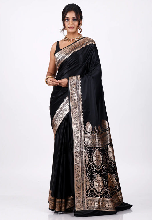 Black Wedding Banarasi Silk Saree with Blouse Piece