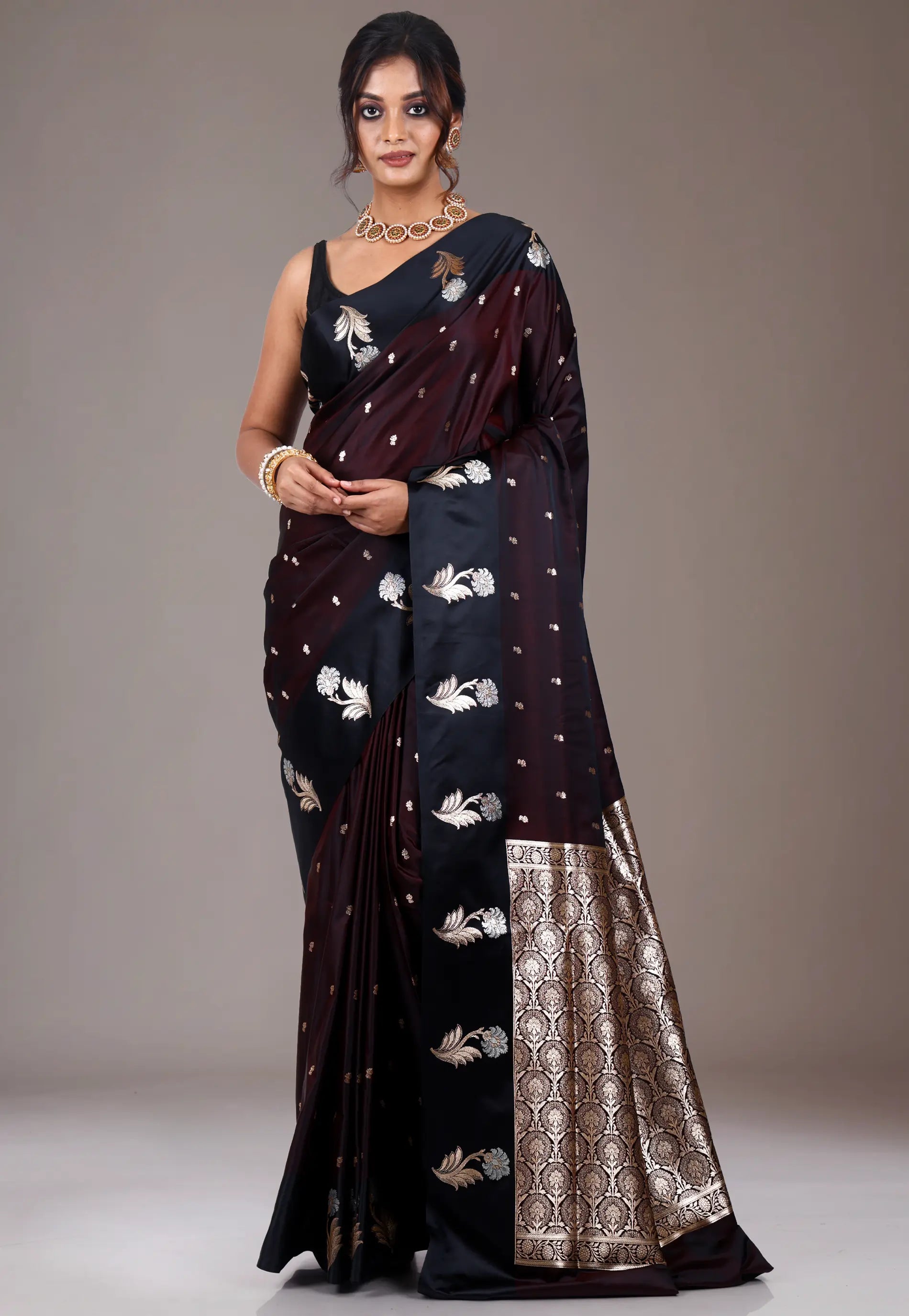 Dark Maroon with Black Border Wedding Banarasi Silk Saree with Blouse Piece