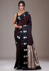 Dark Maroon with Black Border Wedding Banarasi Silk Saree with Blouse Piece