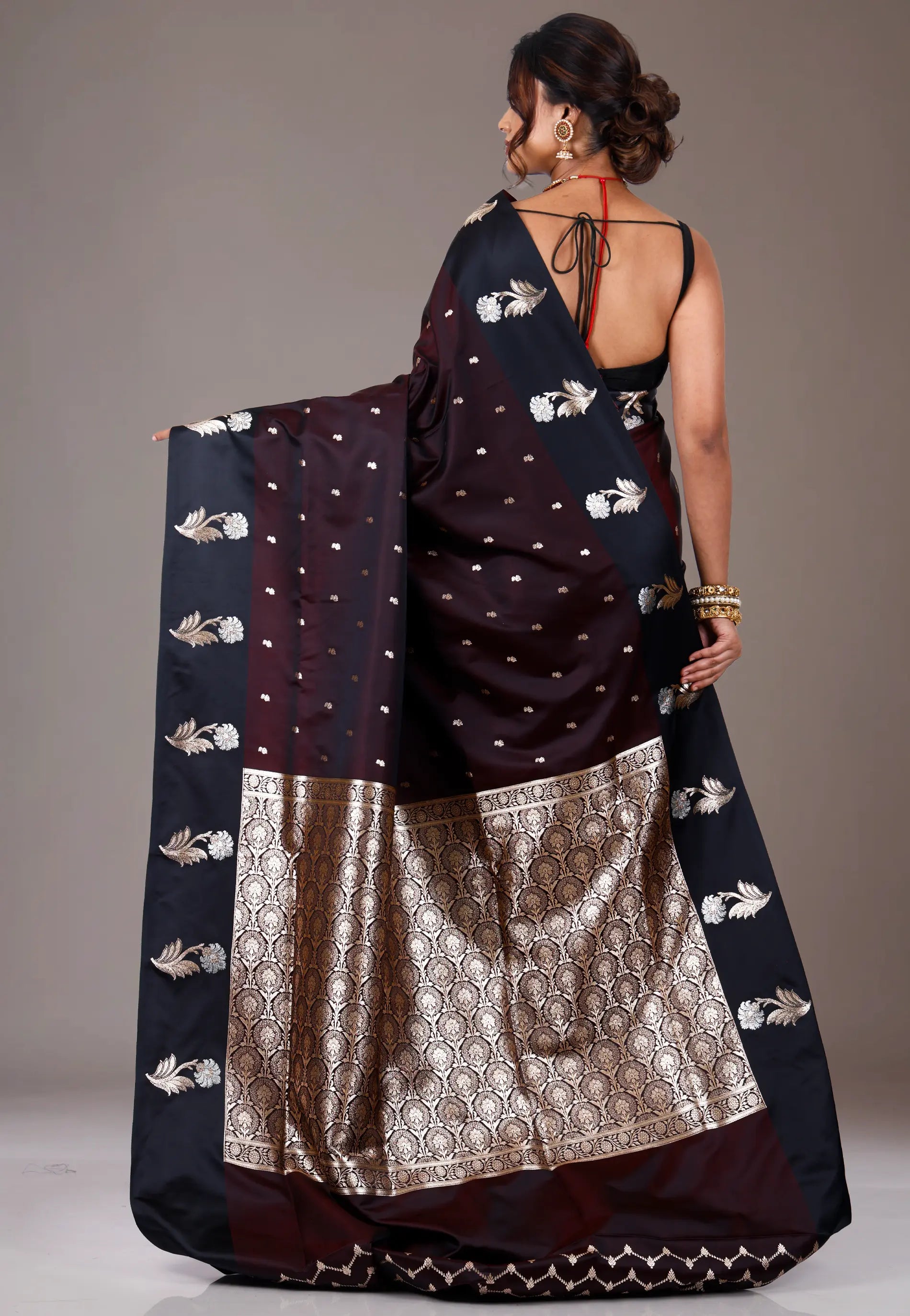 Dark Maroon with Black Border Wedding Banarasi Silk Saree with Blouse Piece