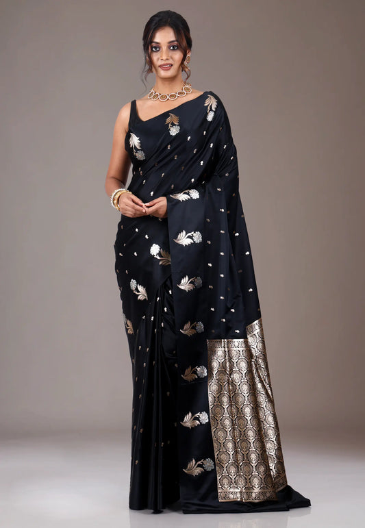 Black Wedding Banarasi Silk Saree with Blouse Piece