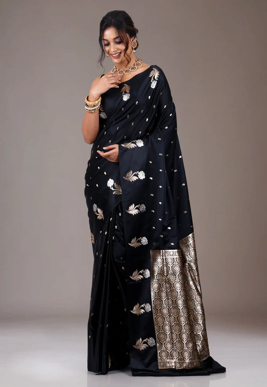 Black Wedding Banarasi Silk Saree with Blouse Piece